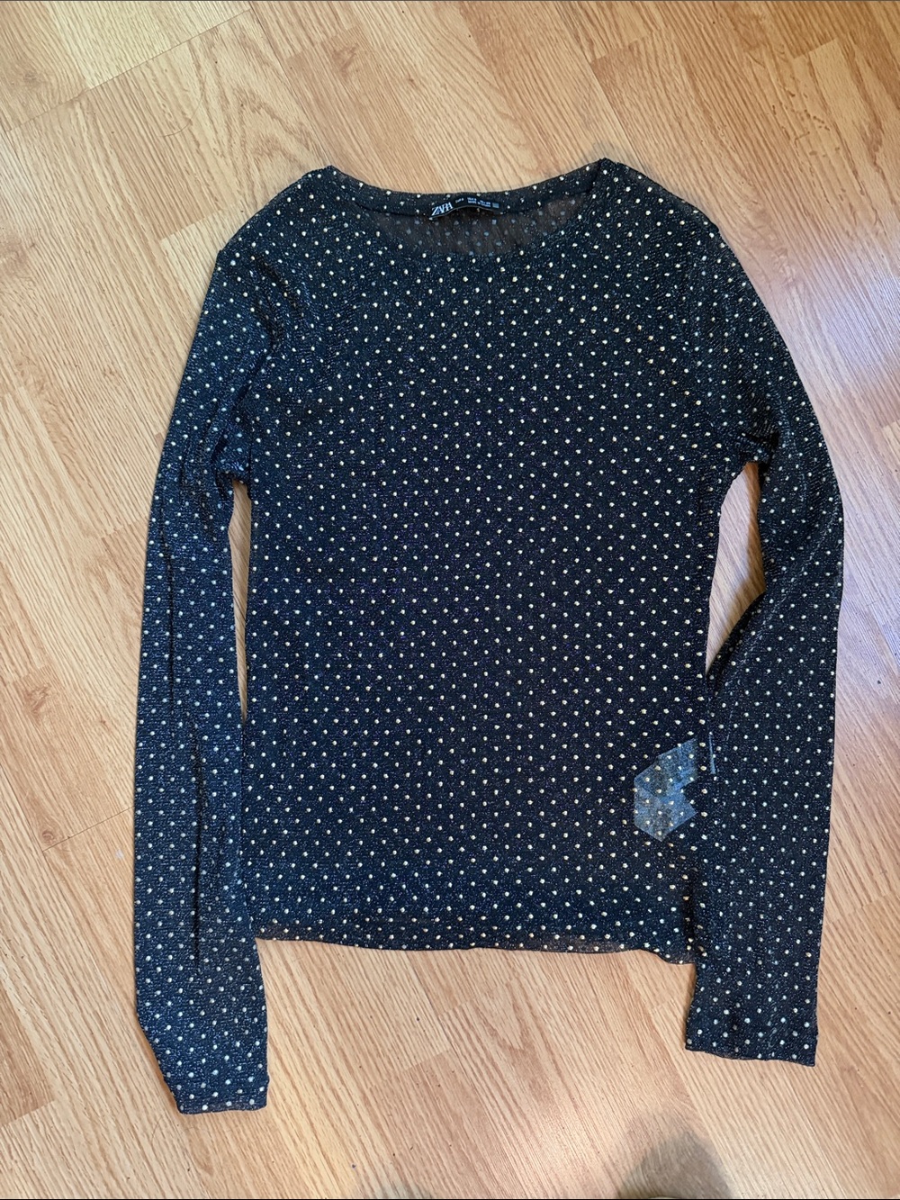 Zara Black Long-Sleeve Metallic Dot Top
